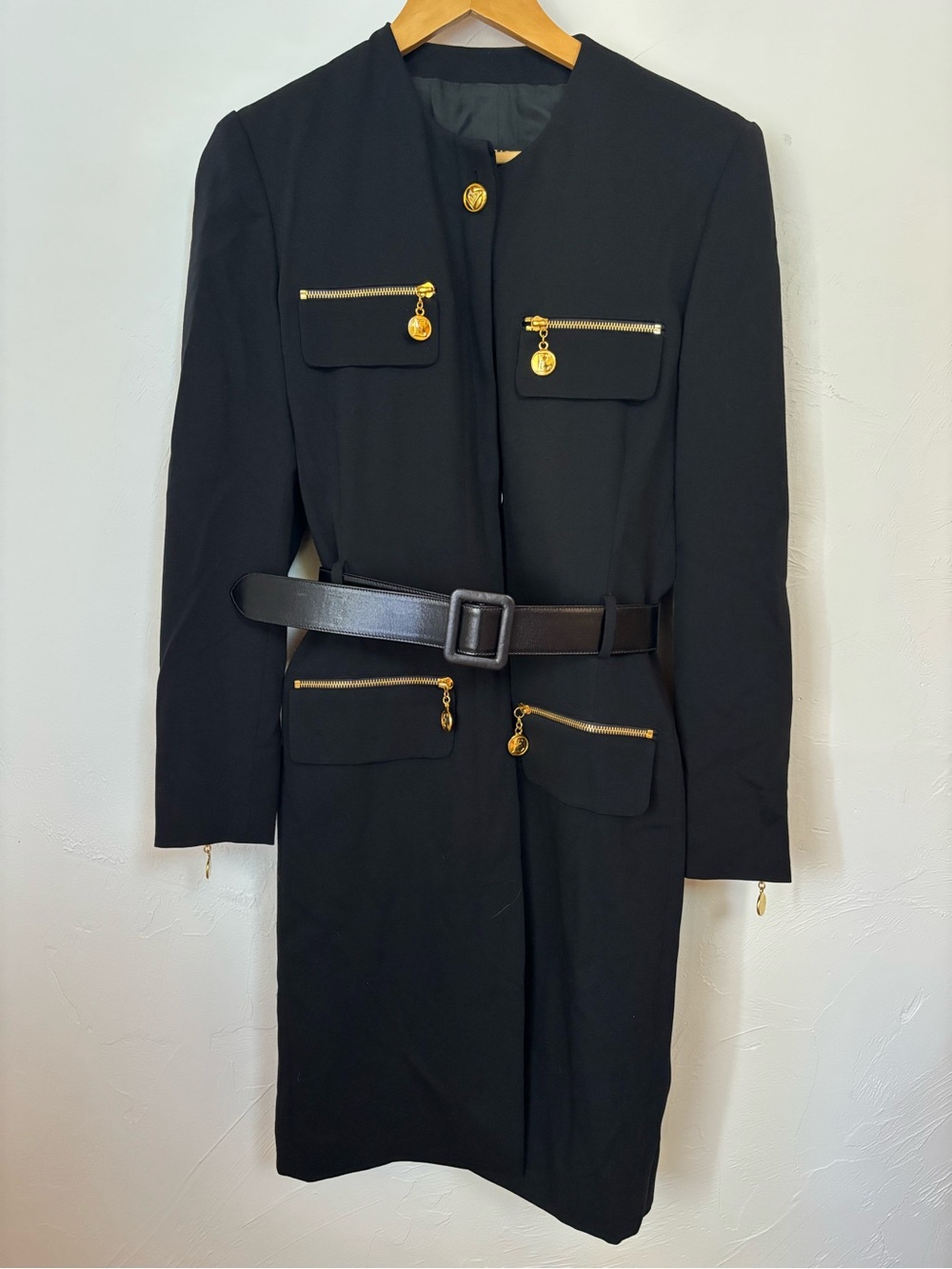 Escada Margaretha Ley Black Wool Belted Coat Zip Pockets Gold Charms 38